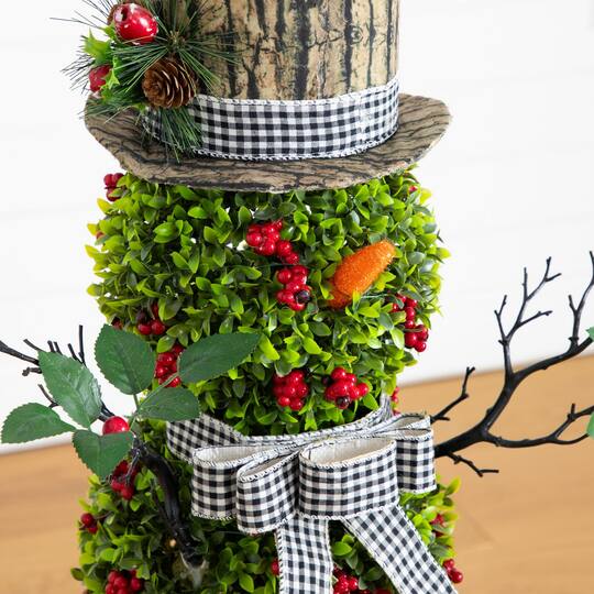 Nearly Natural 3.5ft. Pre-Lit Artificial Christmas Boxwood Snowman Topiary Tree in Decorative Planter
